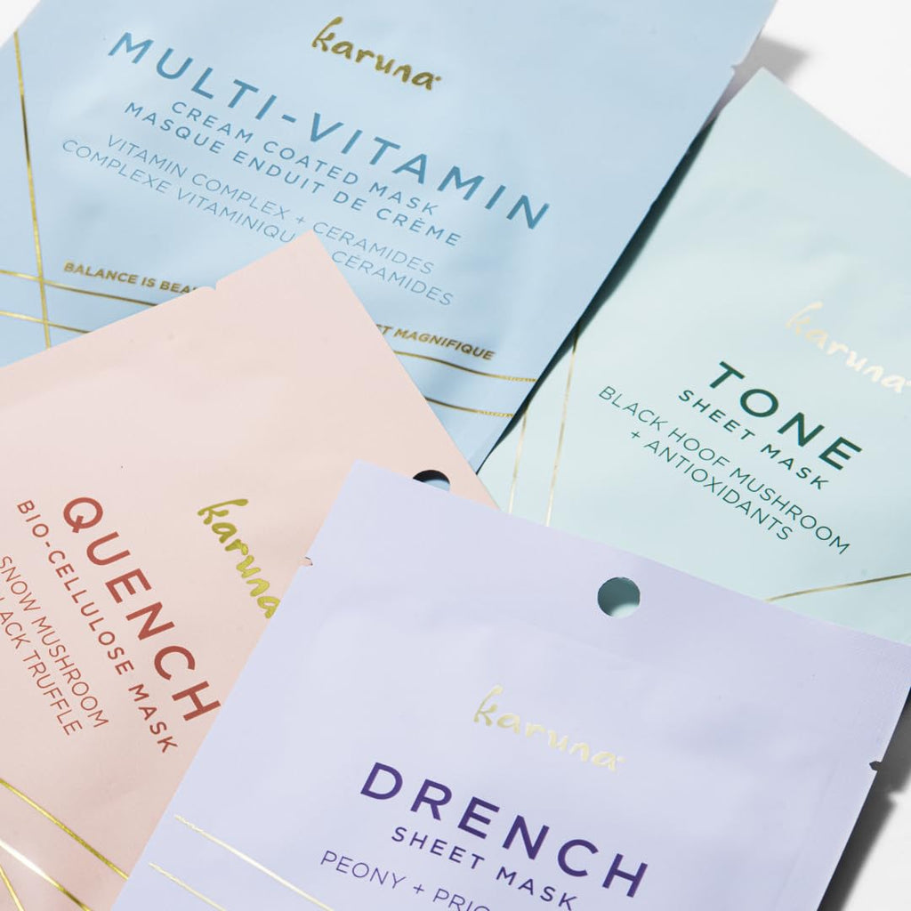 Karuna Ultimate Age-Defying Sheet Mask Essentials Set – 4-Pack (Drench, Tone, Quench, Multi-Vitamin)