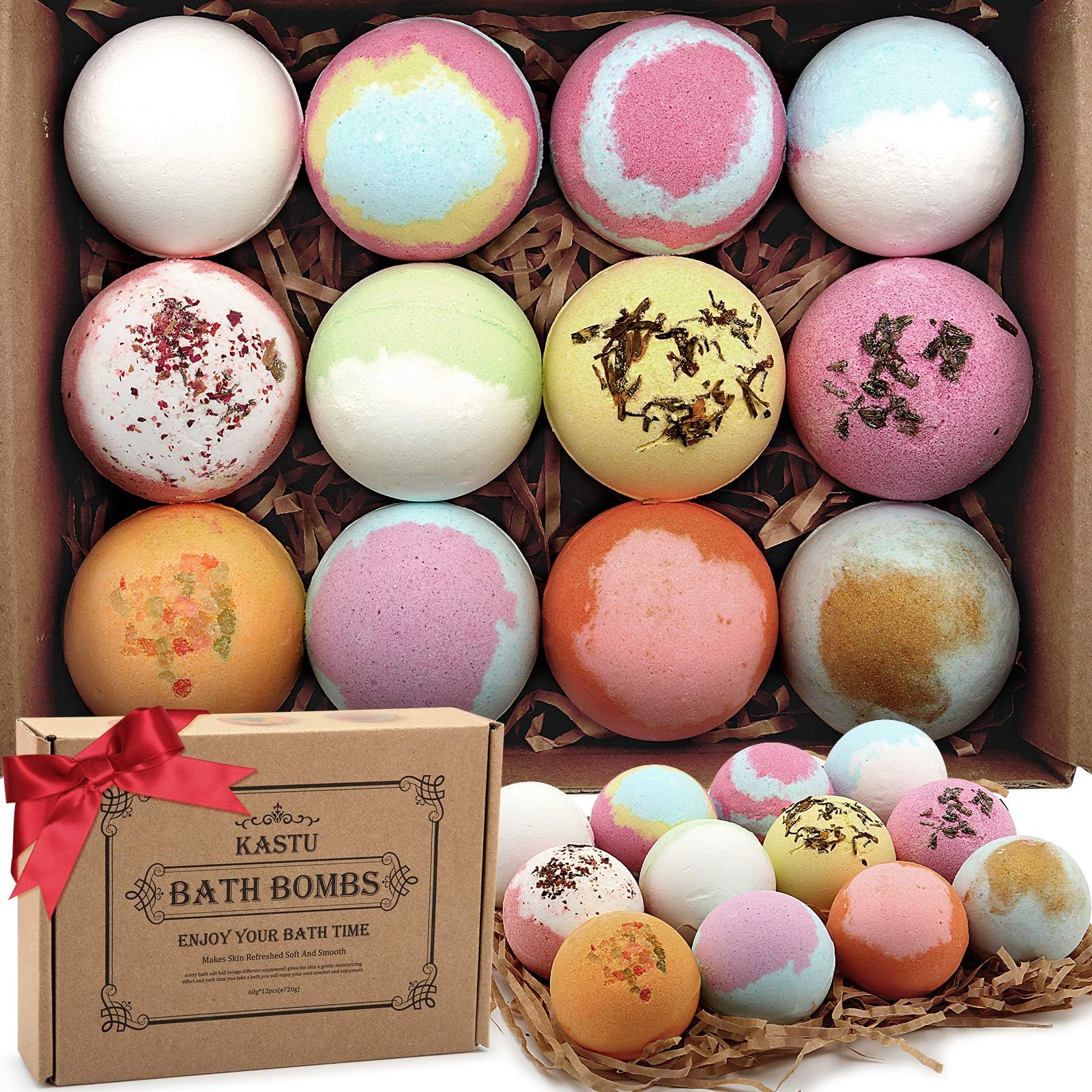 KASTU Bath Bombs Salt Balls Gift Set – 12 Aromatherapy Fizzy Bath Bombs with Vanilla Menthol Rose Oils