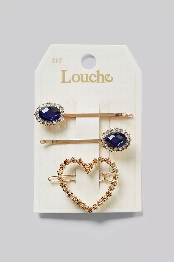 Kat Set Of 3 Gold and Blue Stone Hair Clips