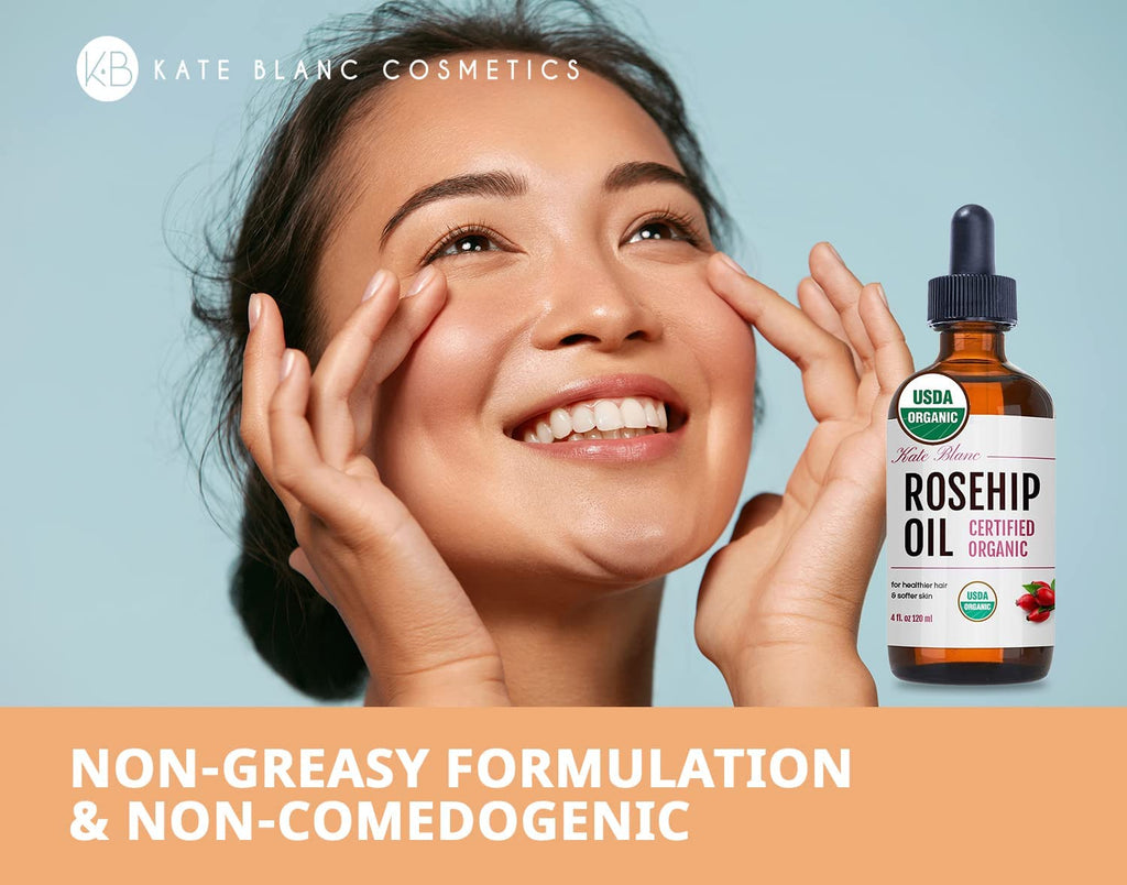 Kate Blanc Rosehip Oil for Face & Skin – Organic Cold-Pressed 4oz | Hydrating Facial Oil