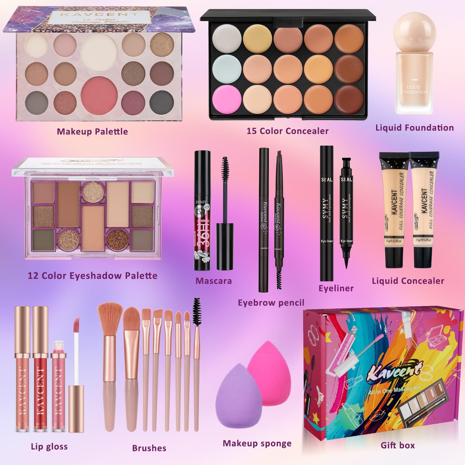 KAVCENT All-in-One Makeup Kit for Teens — Full Starter Set with Eyeshadow Palette, Foundation, Mascara