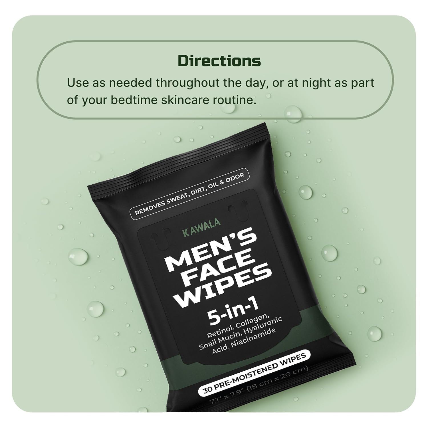 Kawala Men’s Face Wipes 5‑in‑1: Retinol, Collagen, Snail Mucin & Hyaluronic Acid – Alcohol‑Free