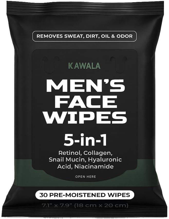 Kawala Men’s Face Wipes 5‑in‑1: Retinol, Collagen, Snail Mucin & Hyaluronic Acid – Alcohol‑Free