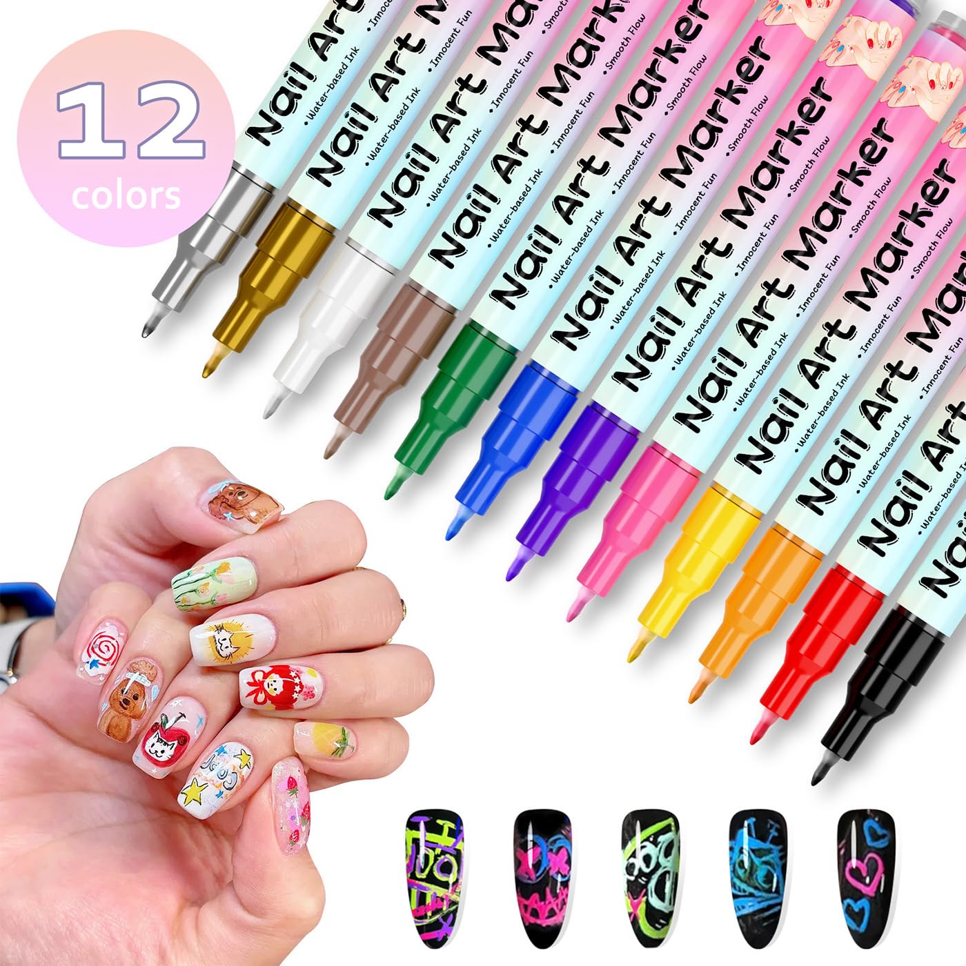 KAYLLE&KT 12-Color Nail Art Pens Set - Waterproof, Quick-Dry DIY Nail Markers