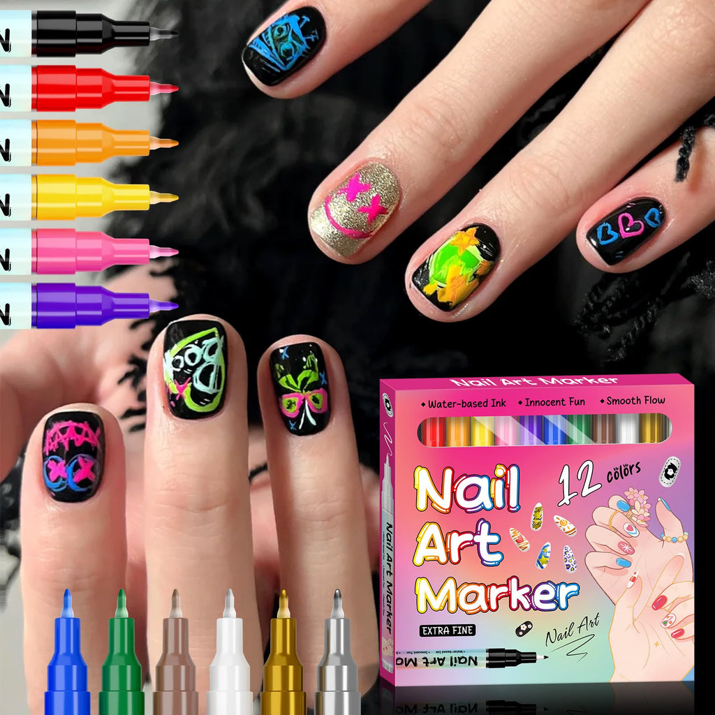 KAYLLE&KT 12-Color Nail Art Pens Set - Waterproof, Quick-Dry DIY Nail Markers