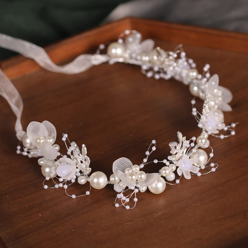 Kayzon Girl's Flower Headpiece – White Pearl Headband, Silver Bridal Hair Accessory