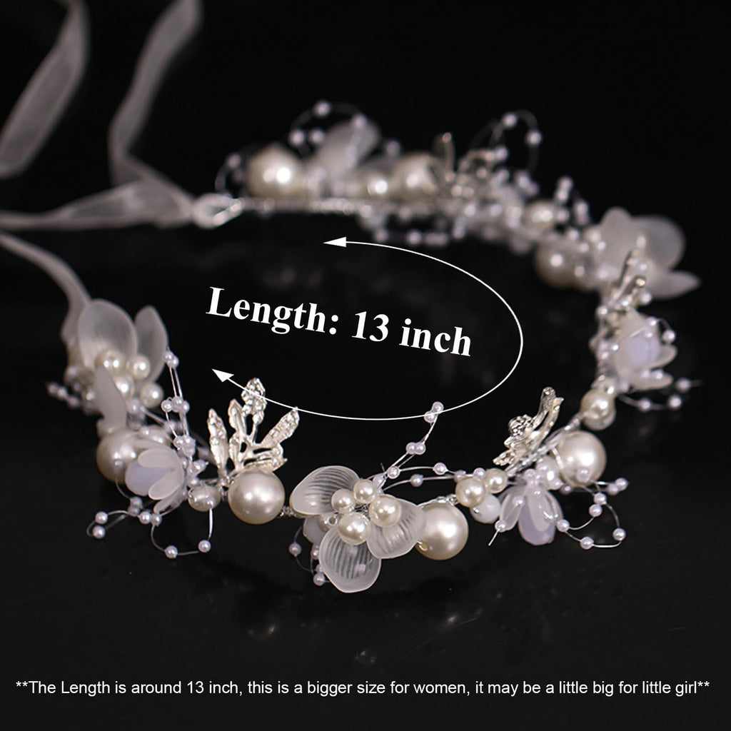 Kayzon Girl's Flower Headpiece – White Pearl Headband, Silver Bridal Hair Accessory