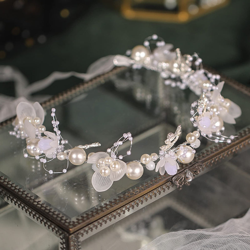 Kayzon Girl's Flower Headpiece – White Pearl Headband, Silver Bridal Hair Accessory