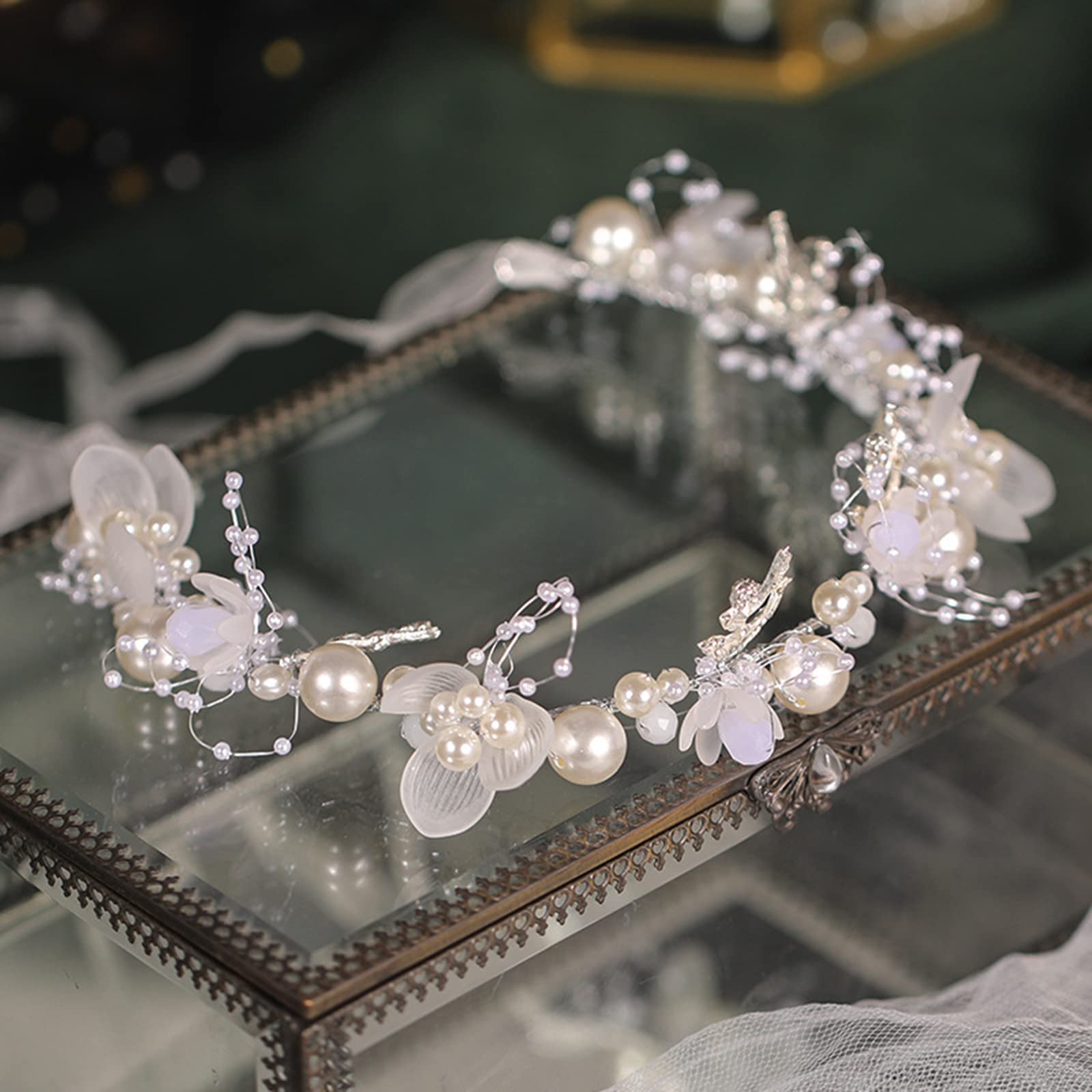 Kayzon Girl's Flower Headpiece – White Pearl Headband, Silver Bridal Hair Accessory