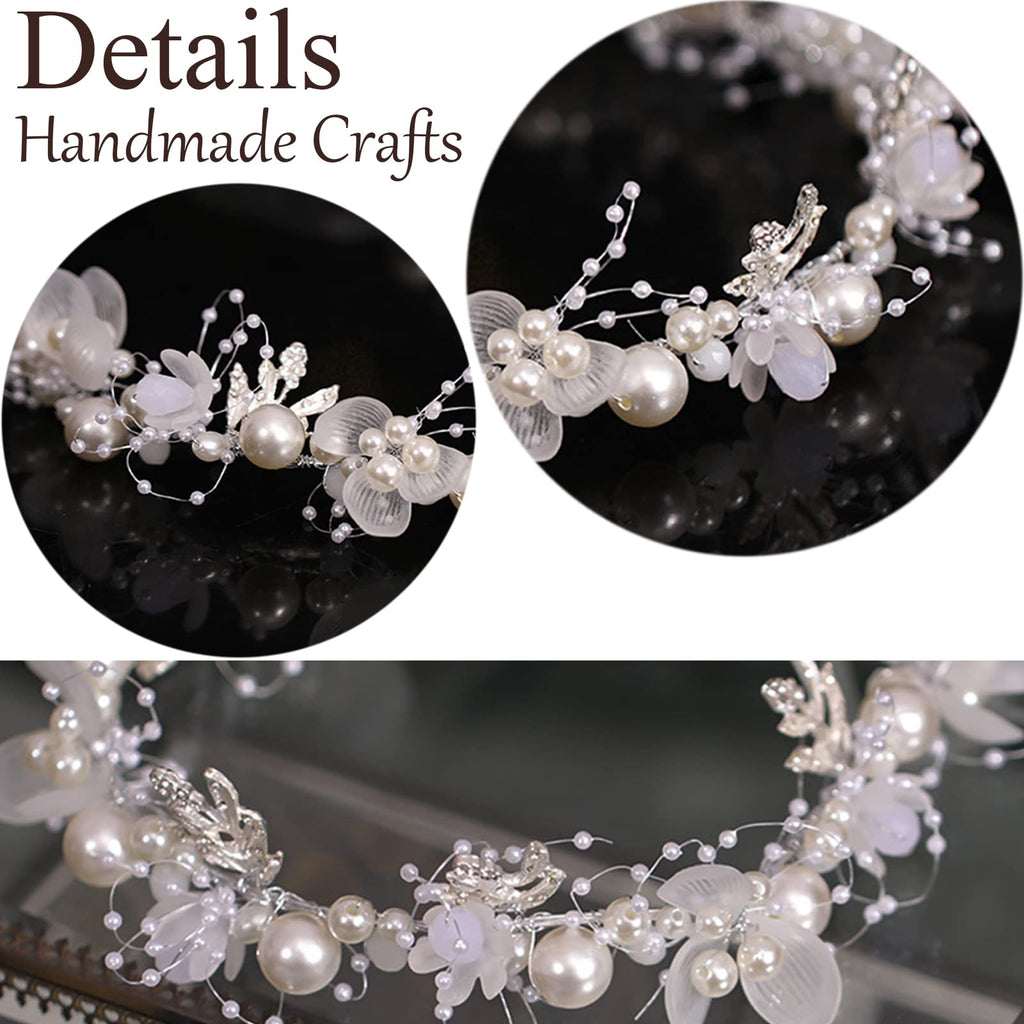 Kayzon Girl's Flower Headpiece – White Pearl Headband, Silver Bridal Hair Accessory