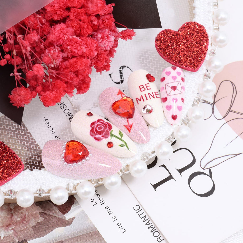KEHKFSEF Valentines Press-On Nails – Medium Almond, 3D Heart Designs, 24 pcs