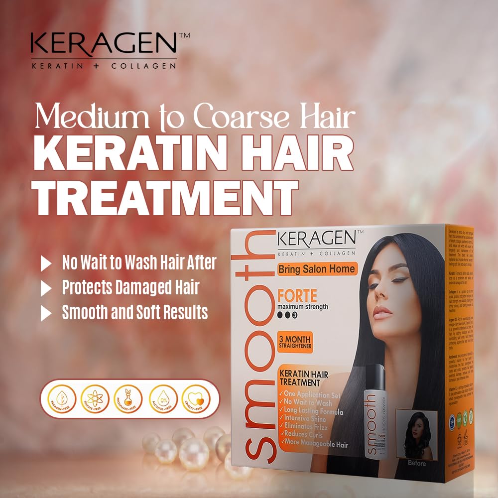 KERAGEN Brazilian Keratin Hair Smoothing – Express Home Blowout Kit with Forte Treatment