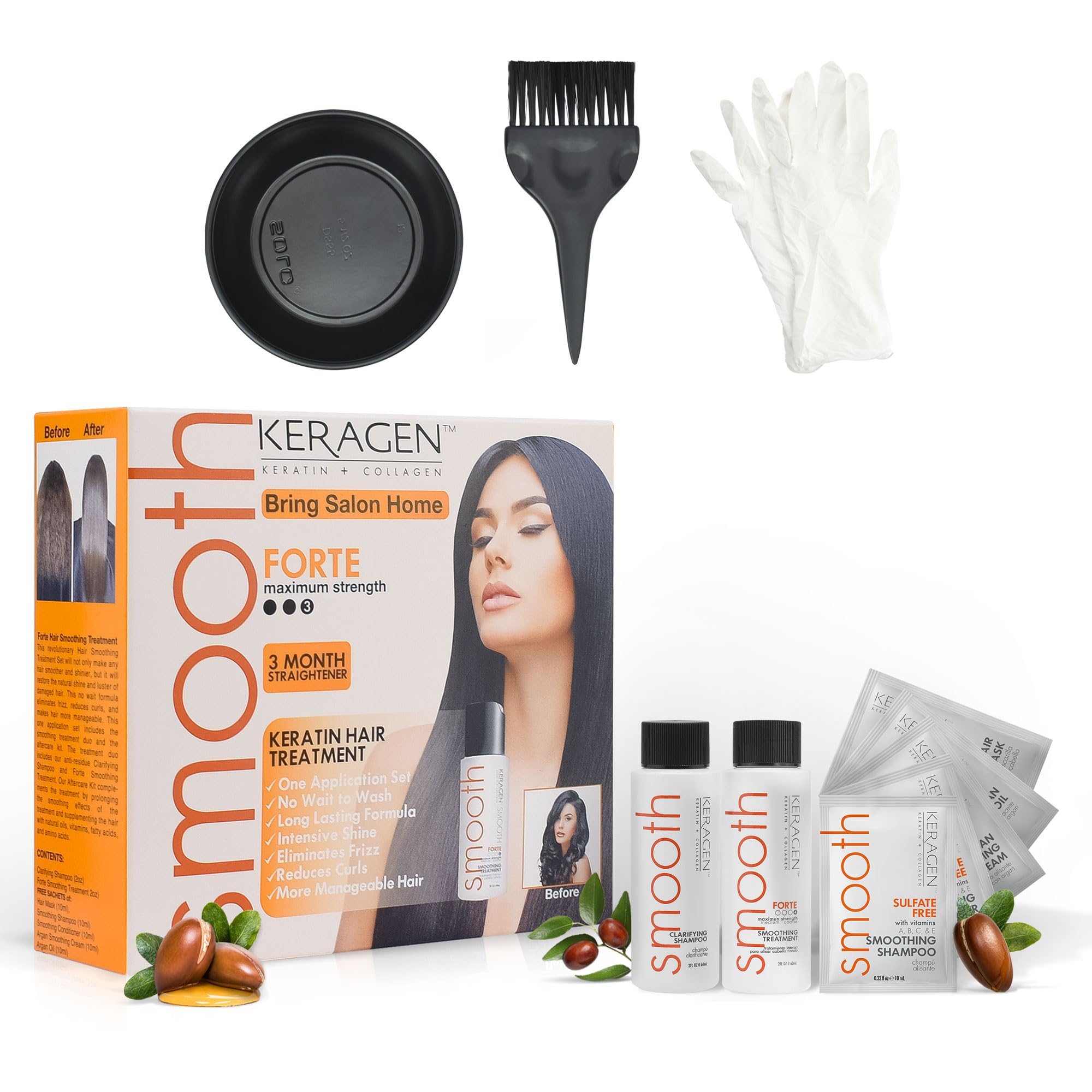 KERAGEN Brazilian Keratin Hair Smoothing – Express Home Blowout Kit with Forte Treatment