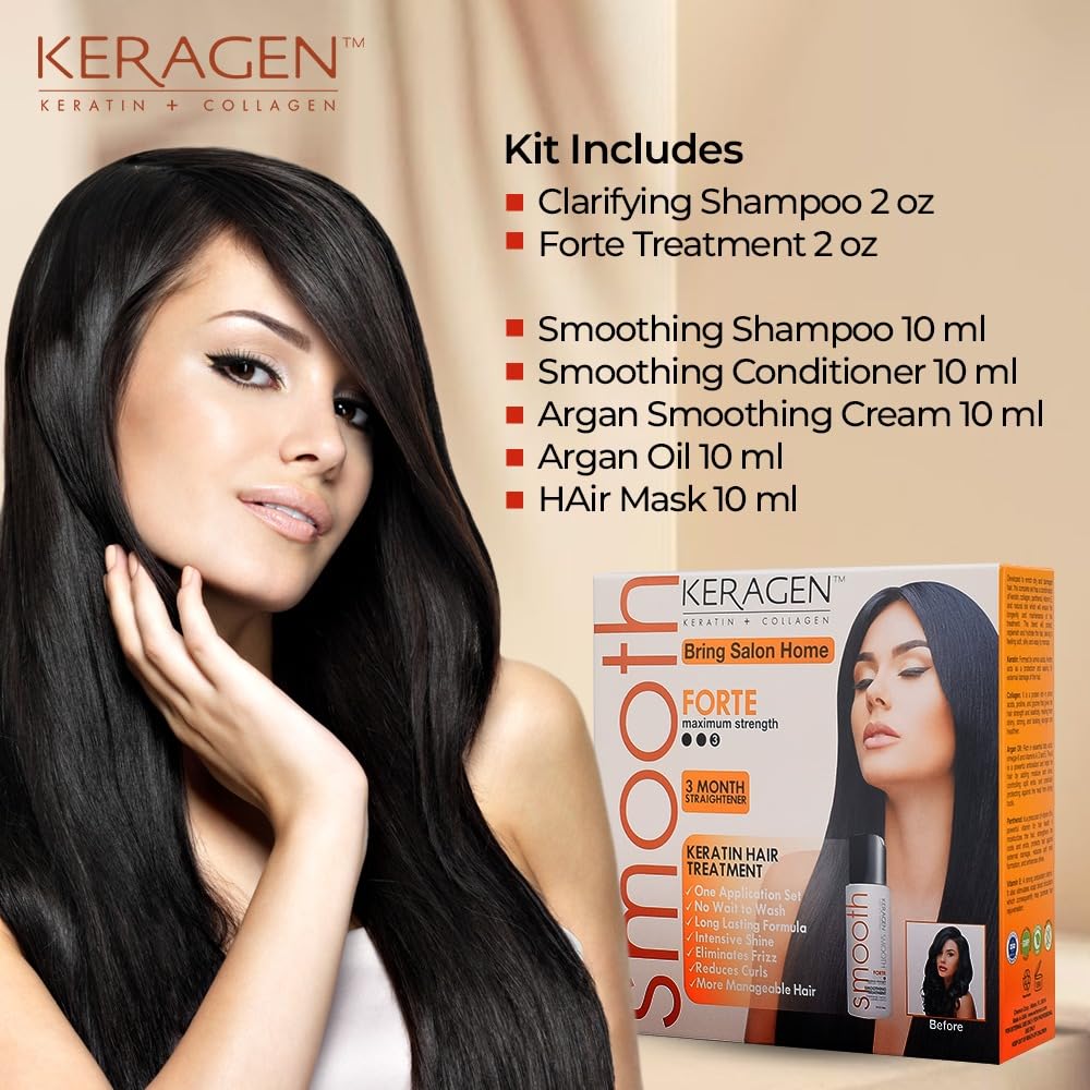 KERAGEN Brazilian Keratin Hair Smoothing – Express Home Blowout Kit with Forte Treatment