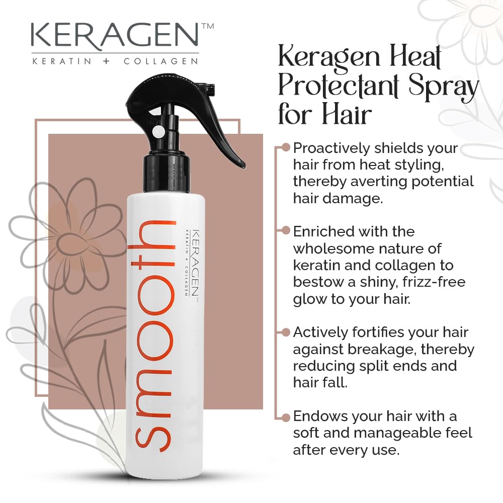 KERAGEN Heat Protectant Spray for Hair, 8 Oz – Thermal Styling, Shine, Frizz-Free Finish | Keratin & Collagen