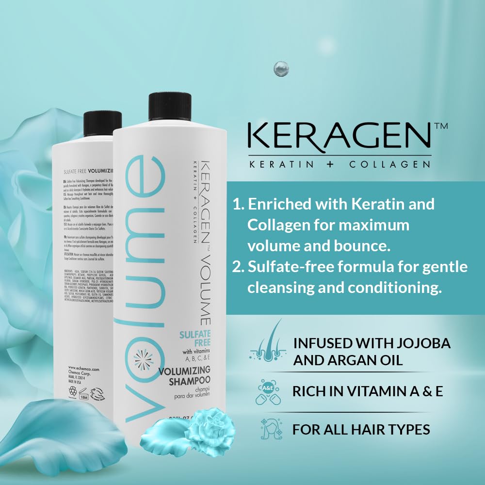 KERAGEN Volumizing Shampoo for Fine Hair with Keratin, Collagen & Organic Oils | Sulfate Free 32 oz