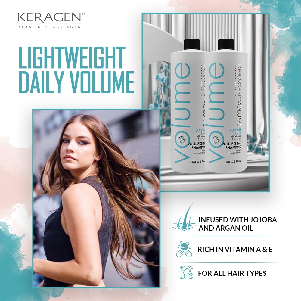 KERAGEN Volumizing Shampoo for Fine Hair with Keratin, Collagen & Organic Oils | Sulfate Free 32 oz
