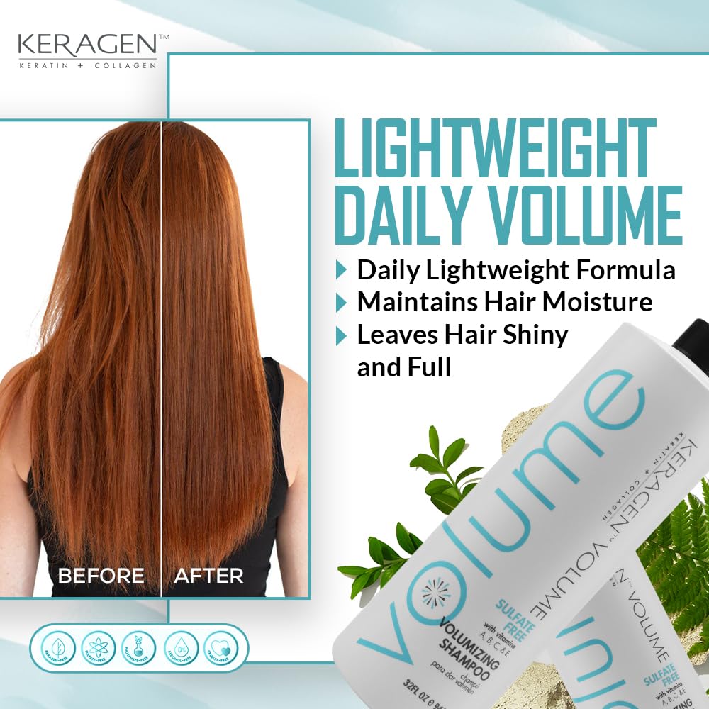 KERAGEN Volumizing Shampoo for Fine Hair with Keratin, Collagen & Organic Oils | Sulfate Free 32 oz