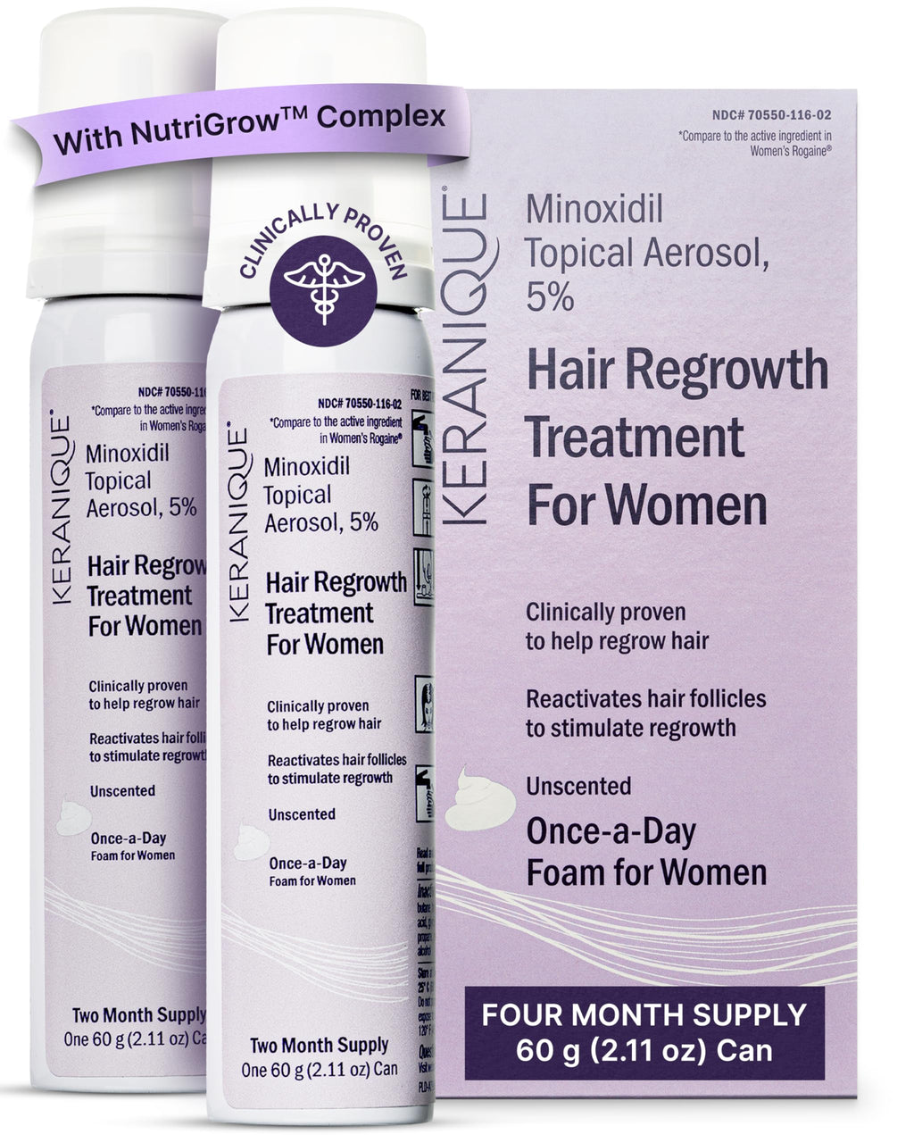 Keranique 5% Minoxidil Foam for Women – Hair Regrowth, NutriGrow Hydration & 4-Month Supply