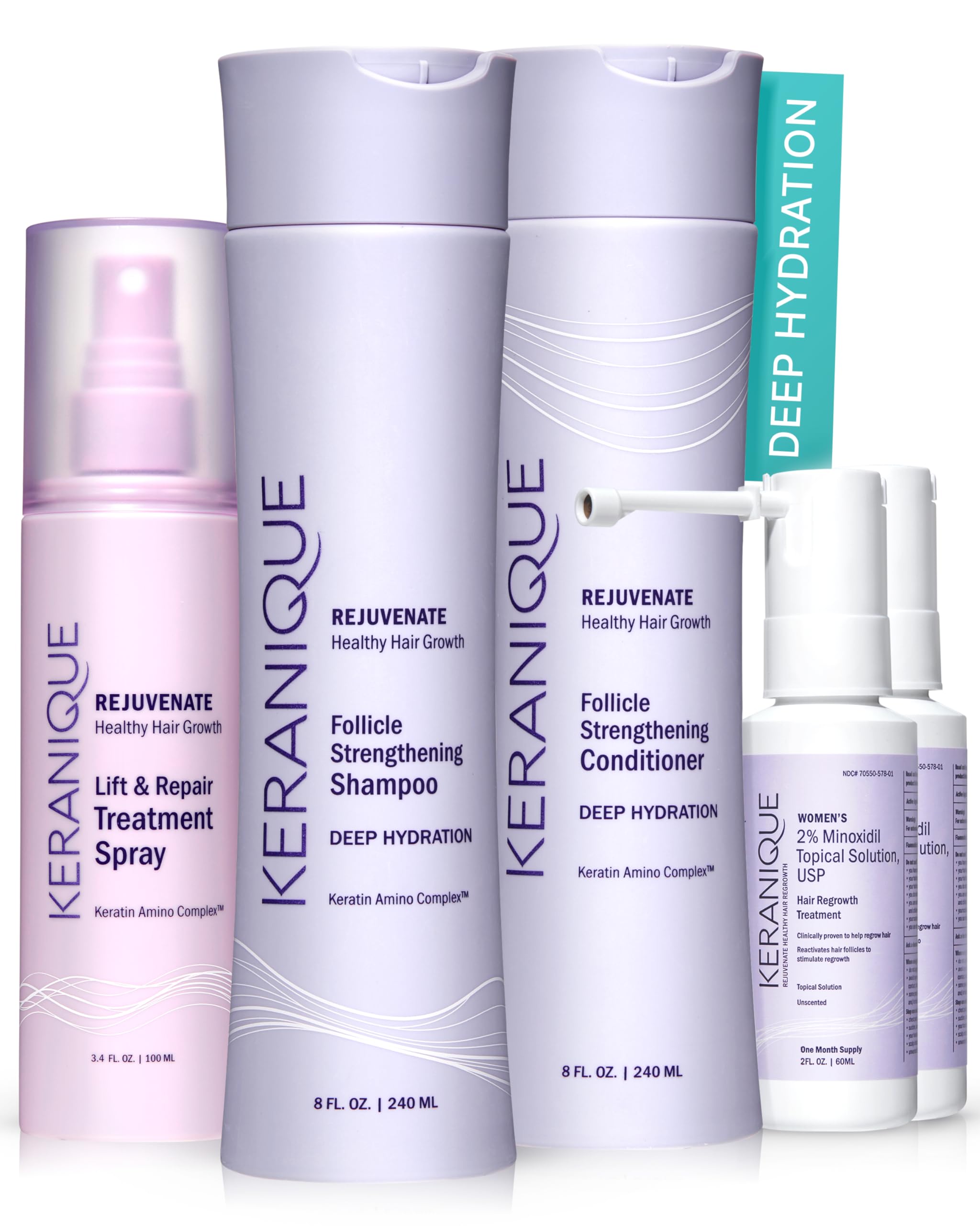 Keranique Hair Growth Set for Women — 2% Minoxidil, Deep Hydration Shampoo & Conditioner, Lift & Repair Spray