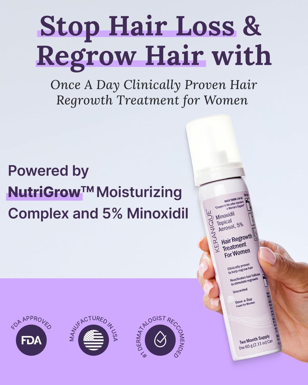 Keranique 5% Minoxidil Foam for Women – Hair Regrowth, NutriGrow Hydration & 4-Month Supply