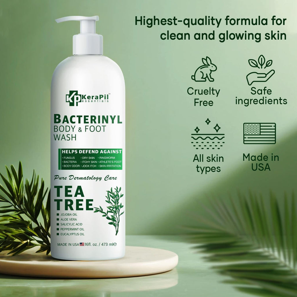 KERAPIL Bacterinyl Tea Tree Oil Body Wash | Antibacterial & Antifungal Support for Ringworm, Odor, Athlete’s Foot & Acne | Made in USA (16 oz x 2)