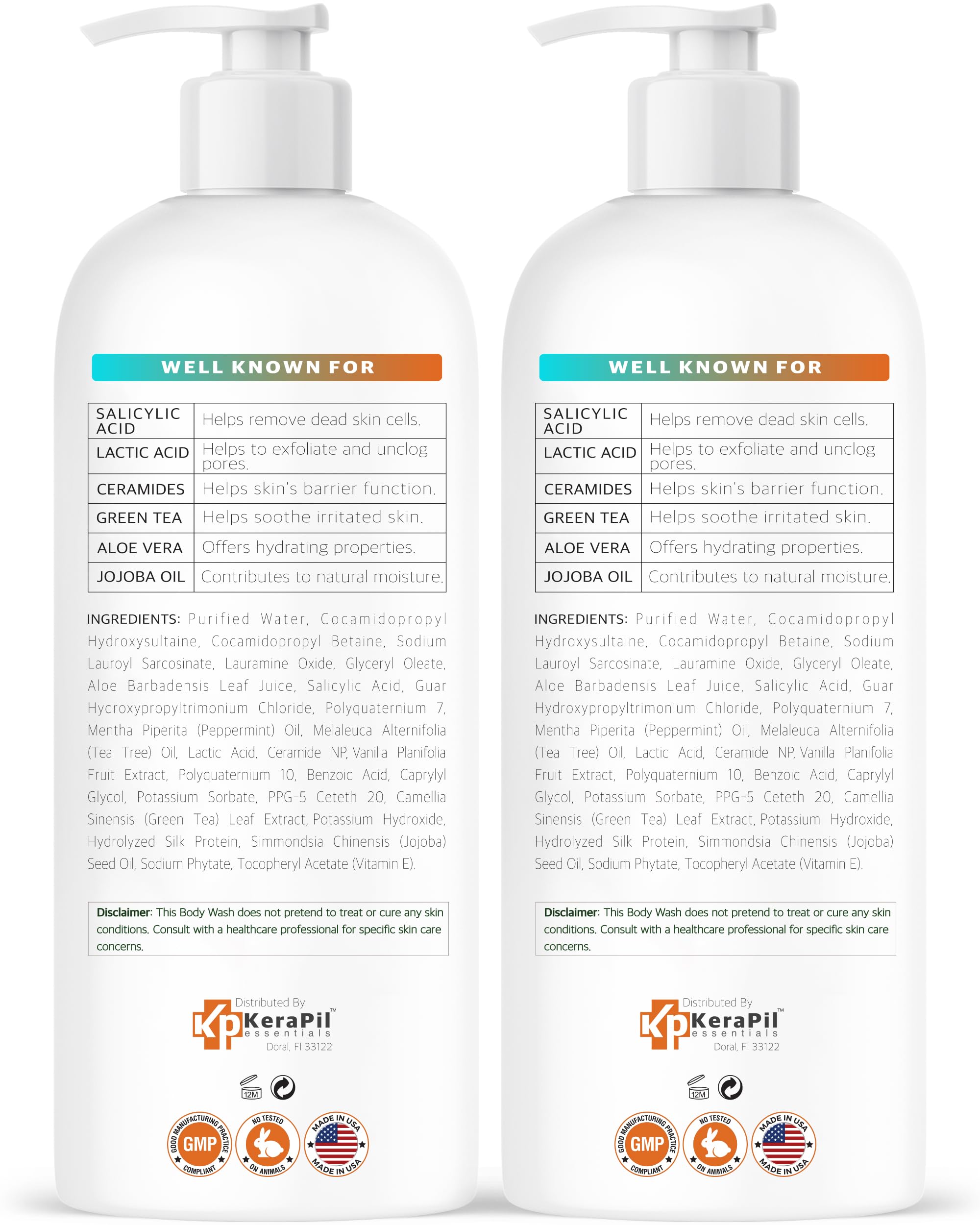 KERAPIL Salicylic Acid Body Wash – Gentle Exfoliation for Rough Skin & KP Unscented USA Made (2 x 16 oz)