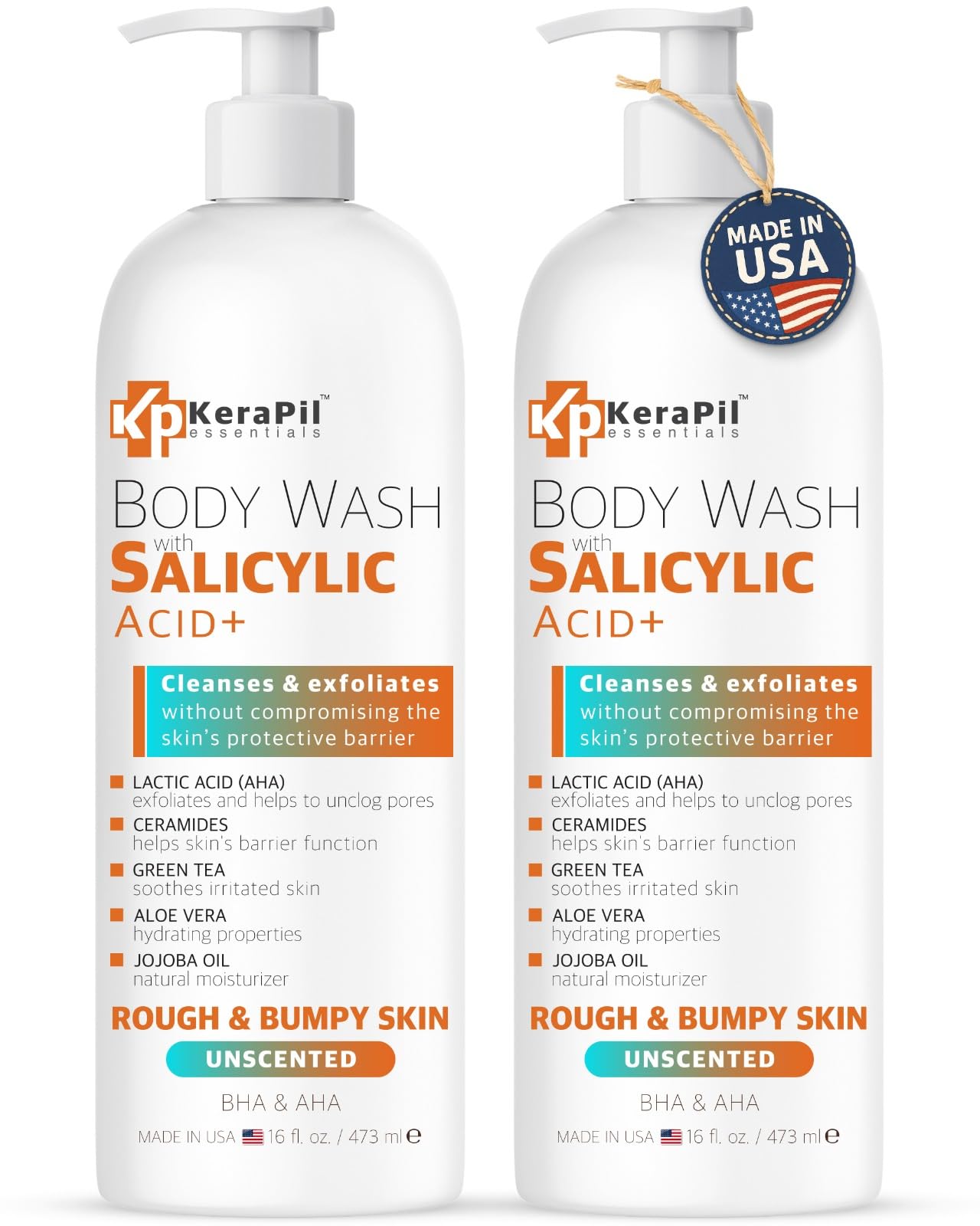 KERAPIL Salicylic Acid Body Wash – Gentle Exfoliation for Rough Skin & KP Unscented USA Made (2 x 16 oz)
