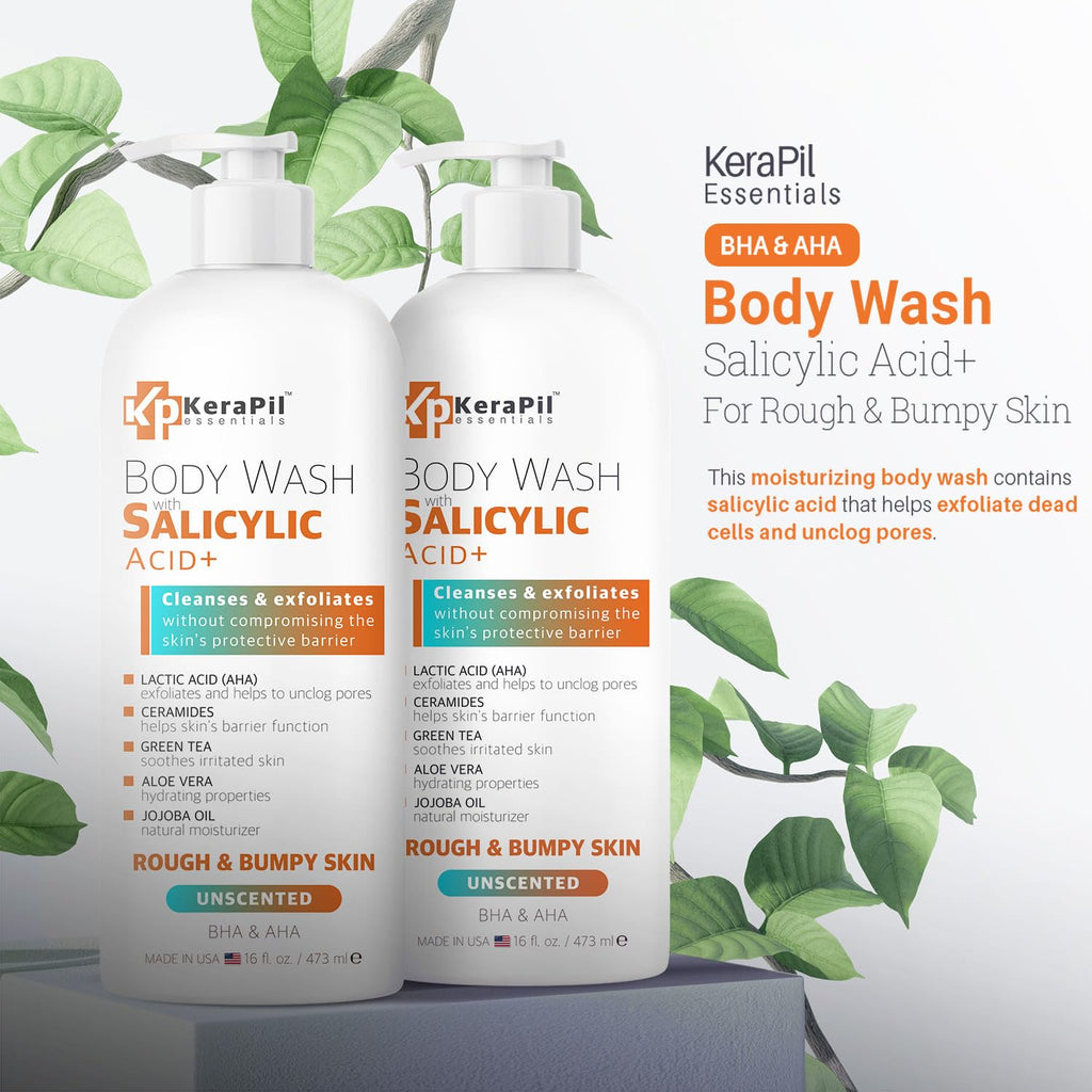 KERAPIL Salicylic Acid Body Wash – Gentle Exfoliation for Rough Skin & KP Unscented USA Made (2 x 16 oz)