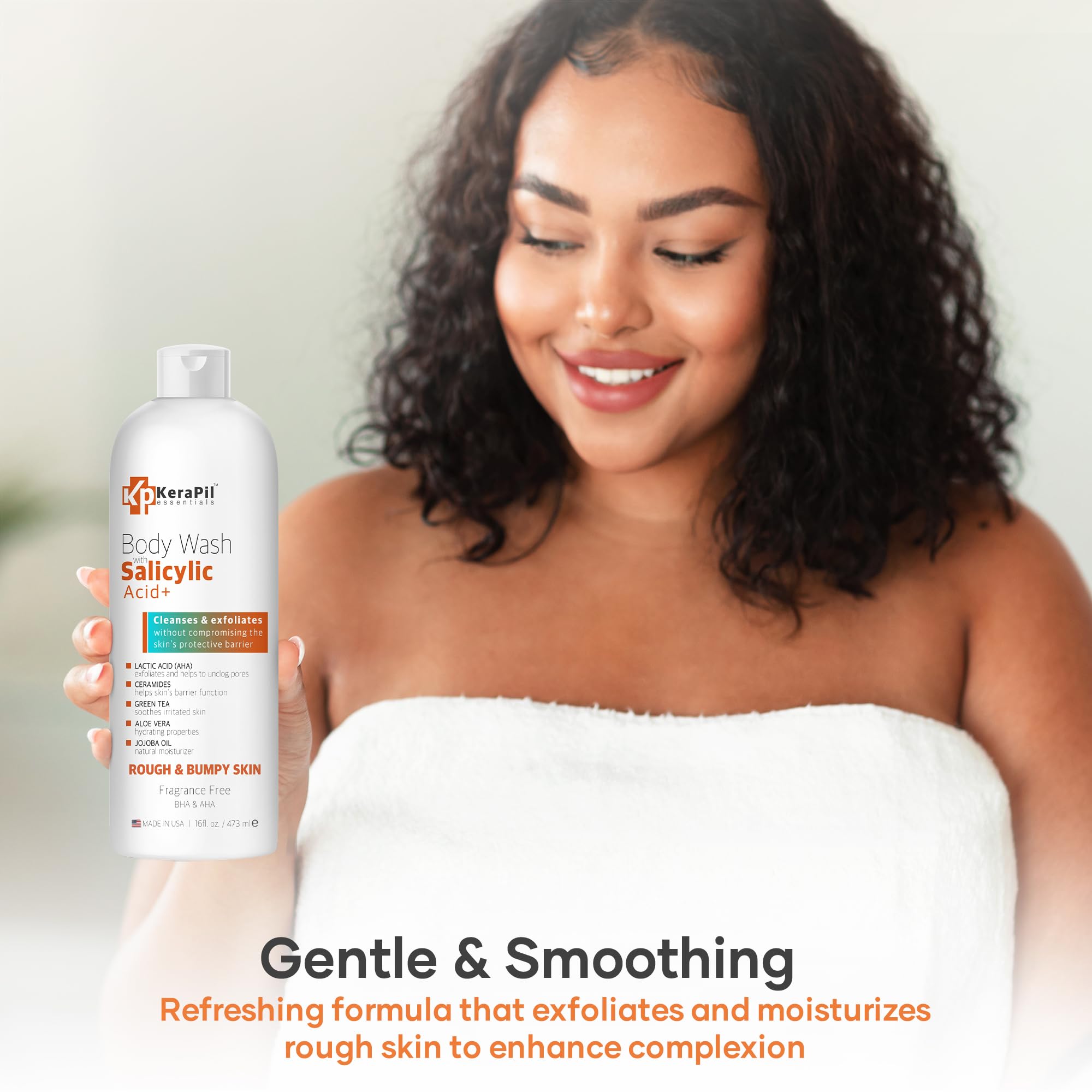 KERAPIL Salicylic Acid Body Wash – Gentle Exfoliation for Rough Skin & KP Unscented USA Made (2 x 16 oz)