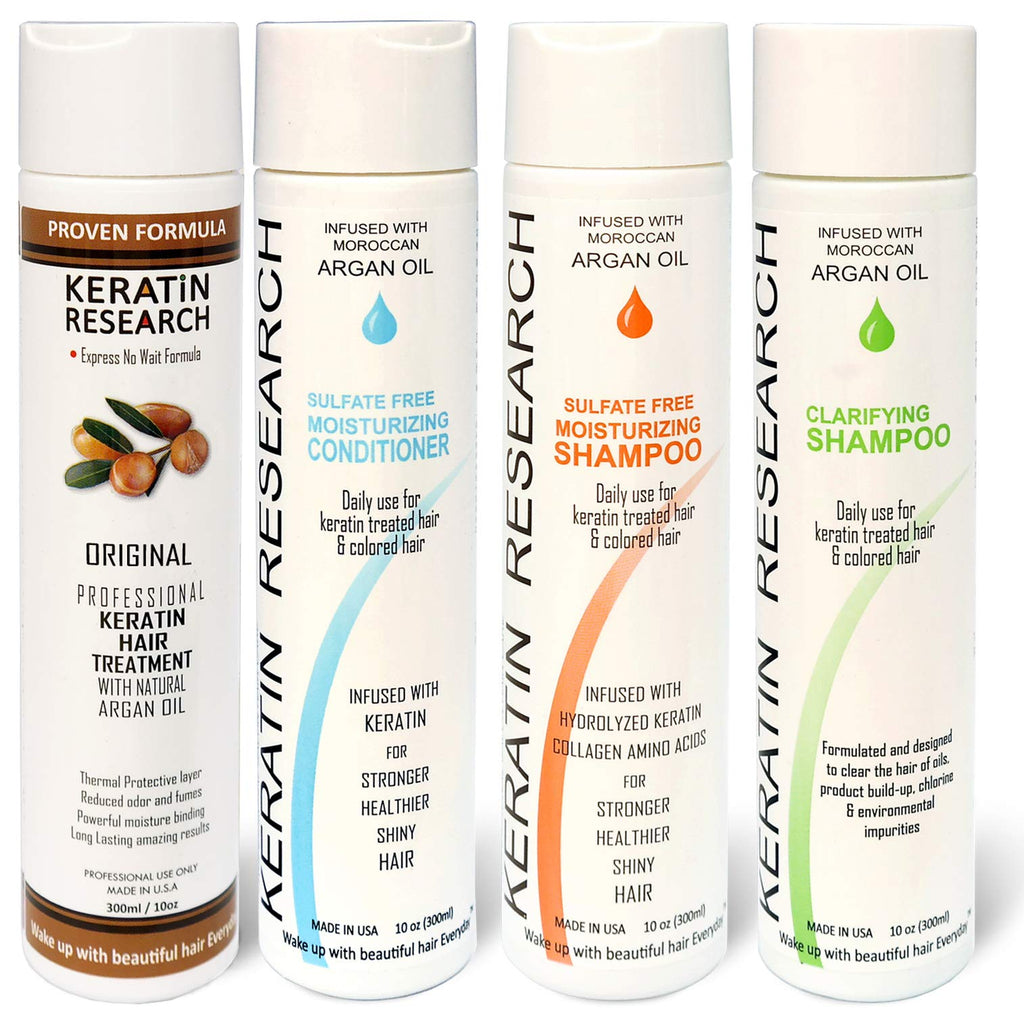 KERATIN RESEARCH Complex Brazilian Keratin Blowout Straightening Kit – 4 Bottles (300ml) with Sulfate-Free Shampoo & Conditioner