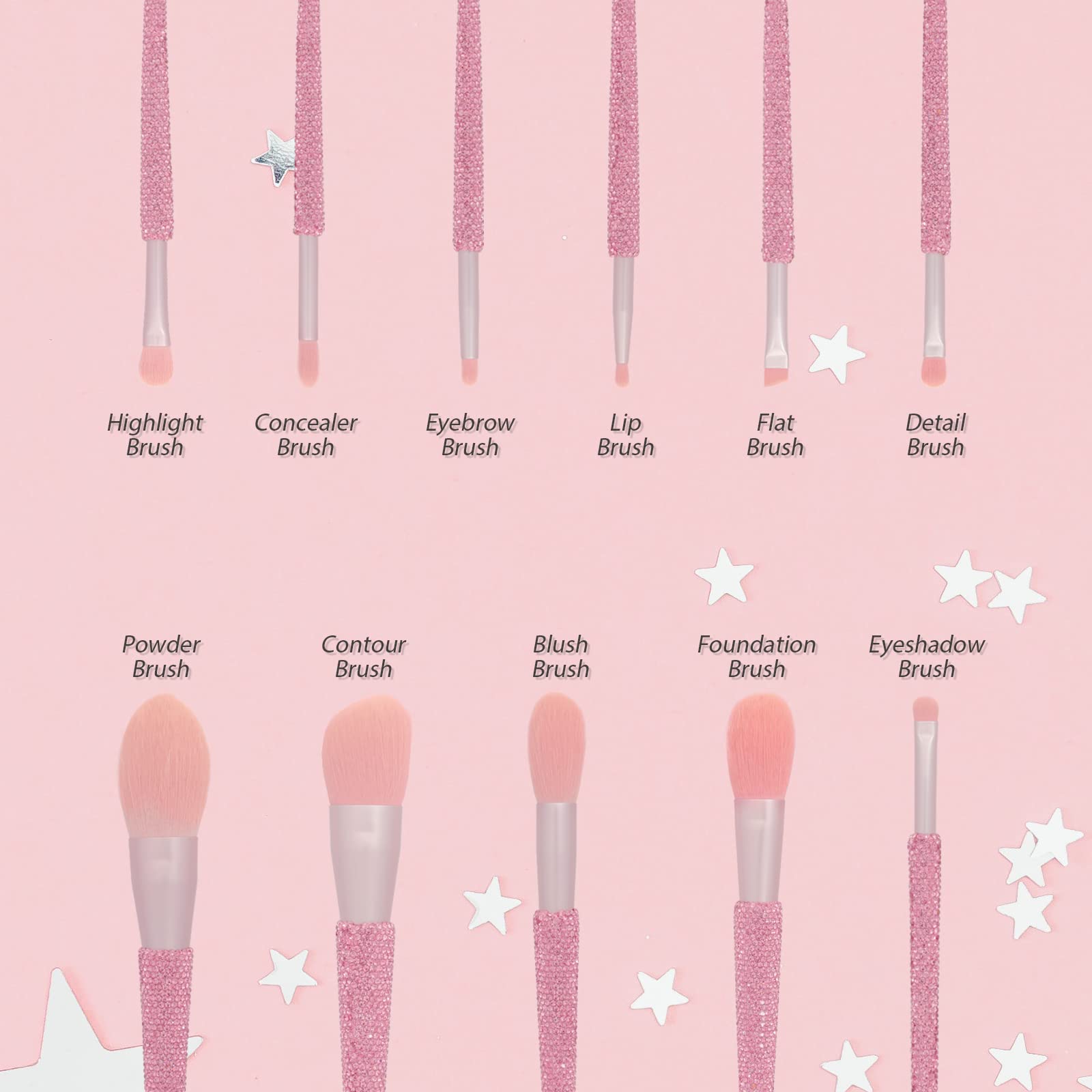 KEYPOWER 11-Piece Professional Makeup Brush Set with Rhinestones – Pink