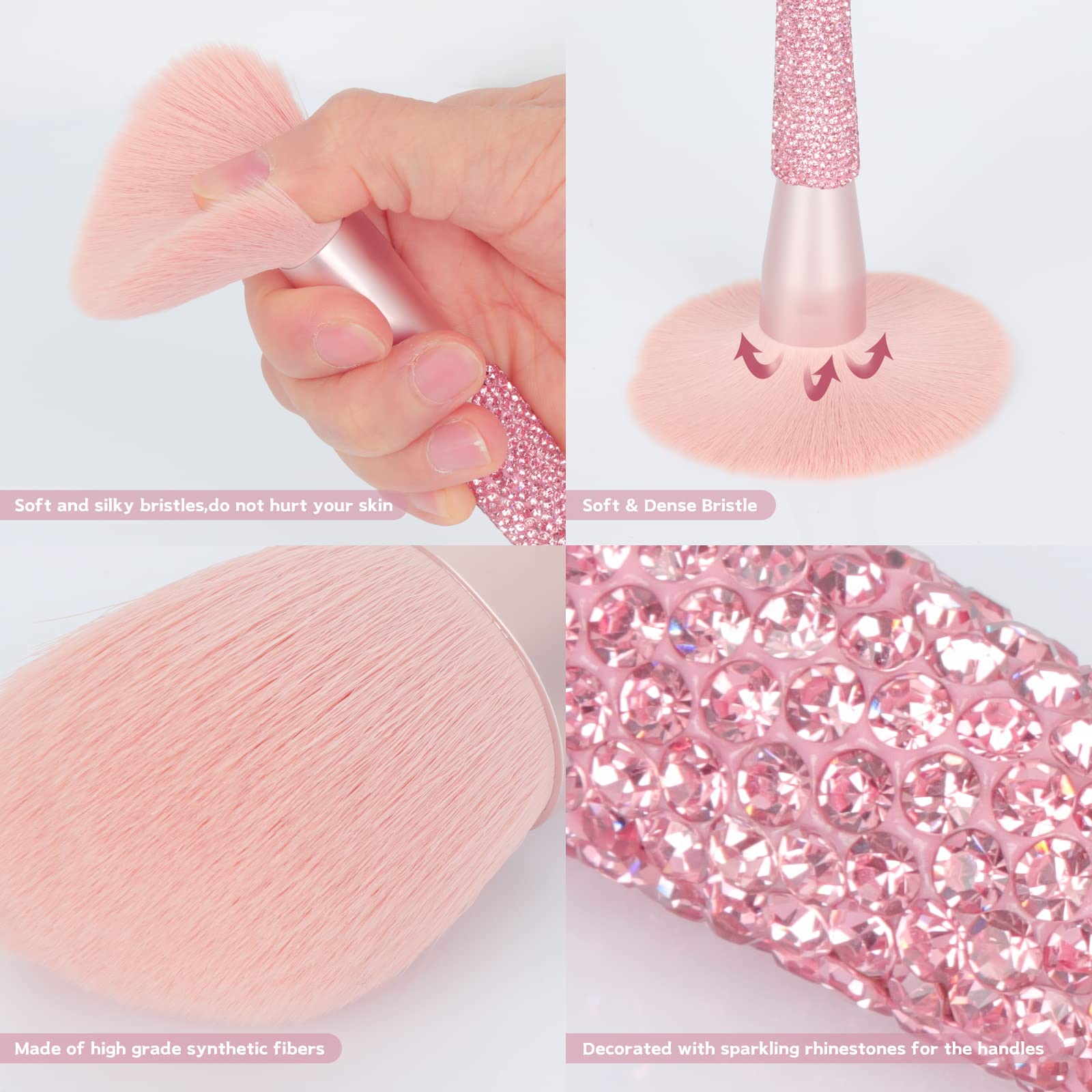 KEYPOWER 11-Piece Professional Makeup Brush Set with Rhinestones – Pink