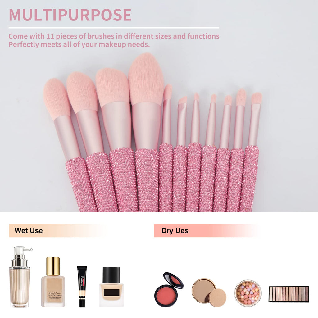 KEYPOWER 11-Piece Professional Makeup Brush Set with Rhinestones – Pink