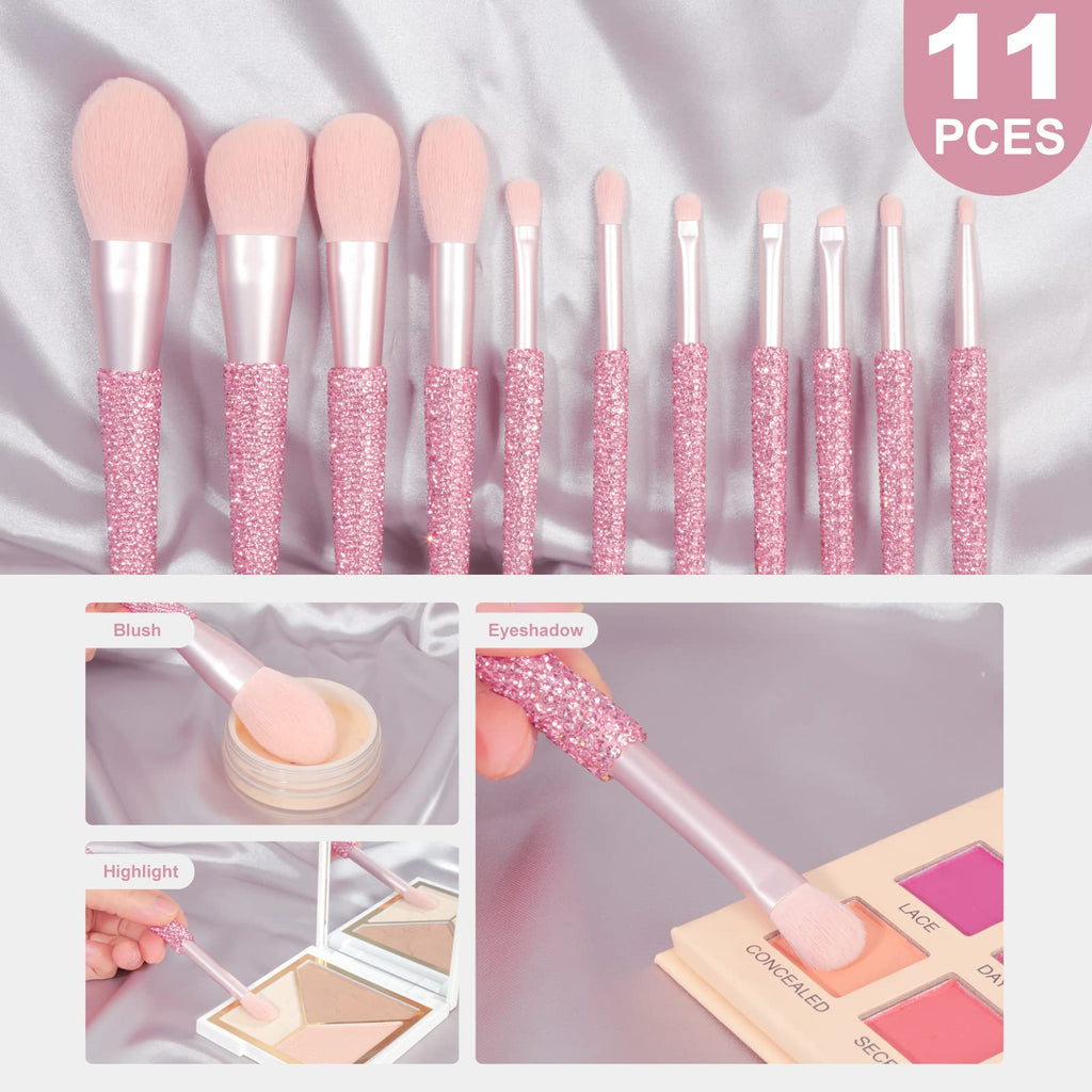 KEYPOWER 11-Piece Professional Makeup Brush Set with Rhinestones – Pink