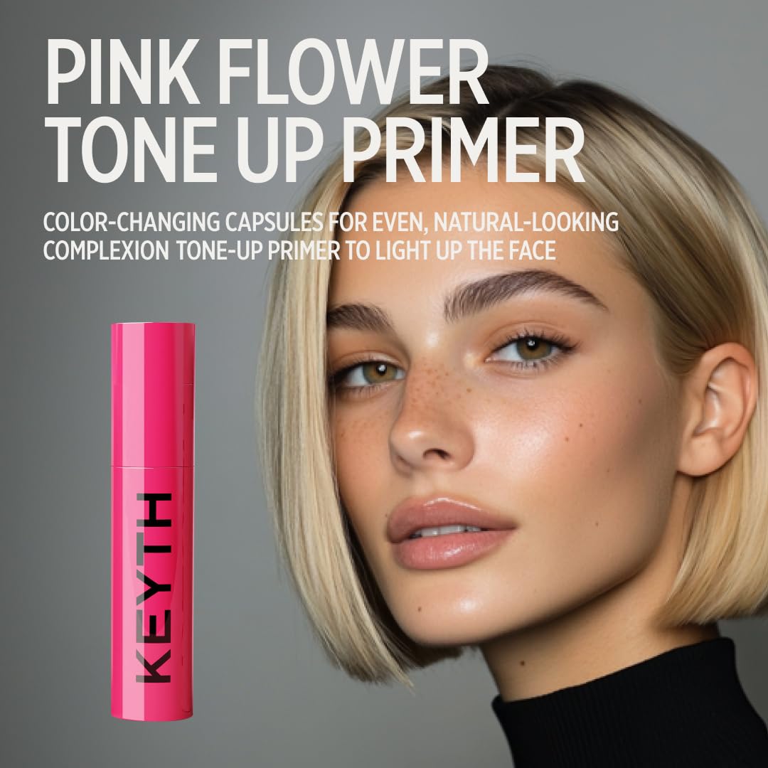 KEYTH Pink Flower Tone Up Primer #02 – Color-Changing Capsules, Hydrating & Pore-Smoothing, 20ml