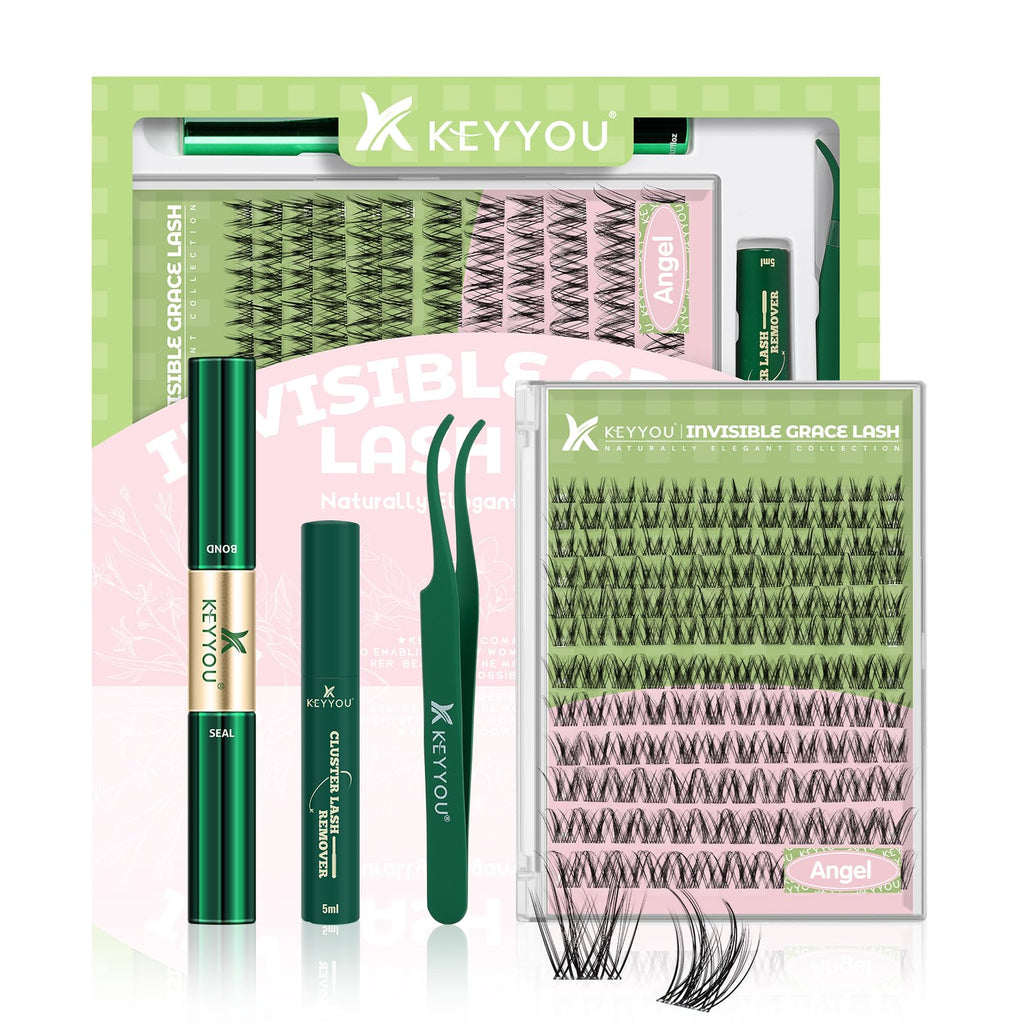 KEYYOU Angel Lash Clusters Kit – D Curl 144Pcs, Invisible Band, Waterproof DIY Lash Kit