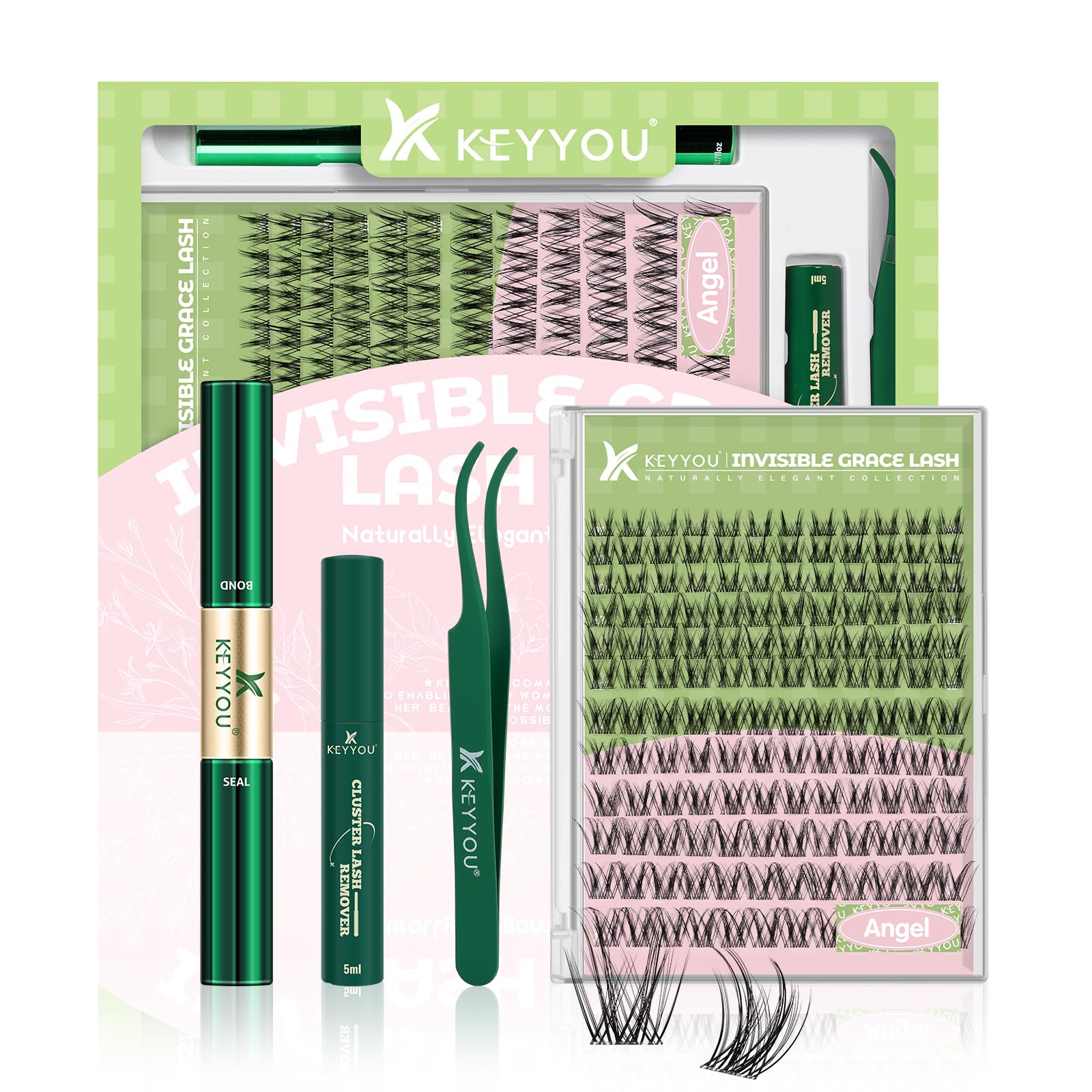 KEYYOU Angel Lash Clusters Kit – D Curl 144Pcs, Invisible Band, Waterproof DIY Lash Kit