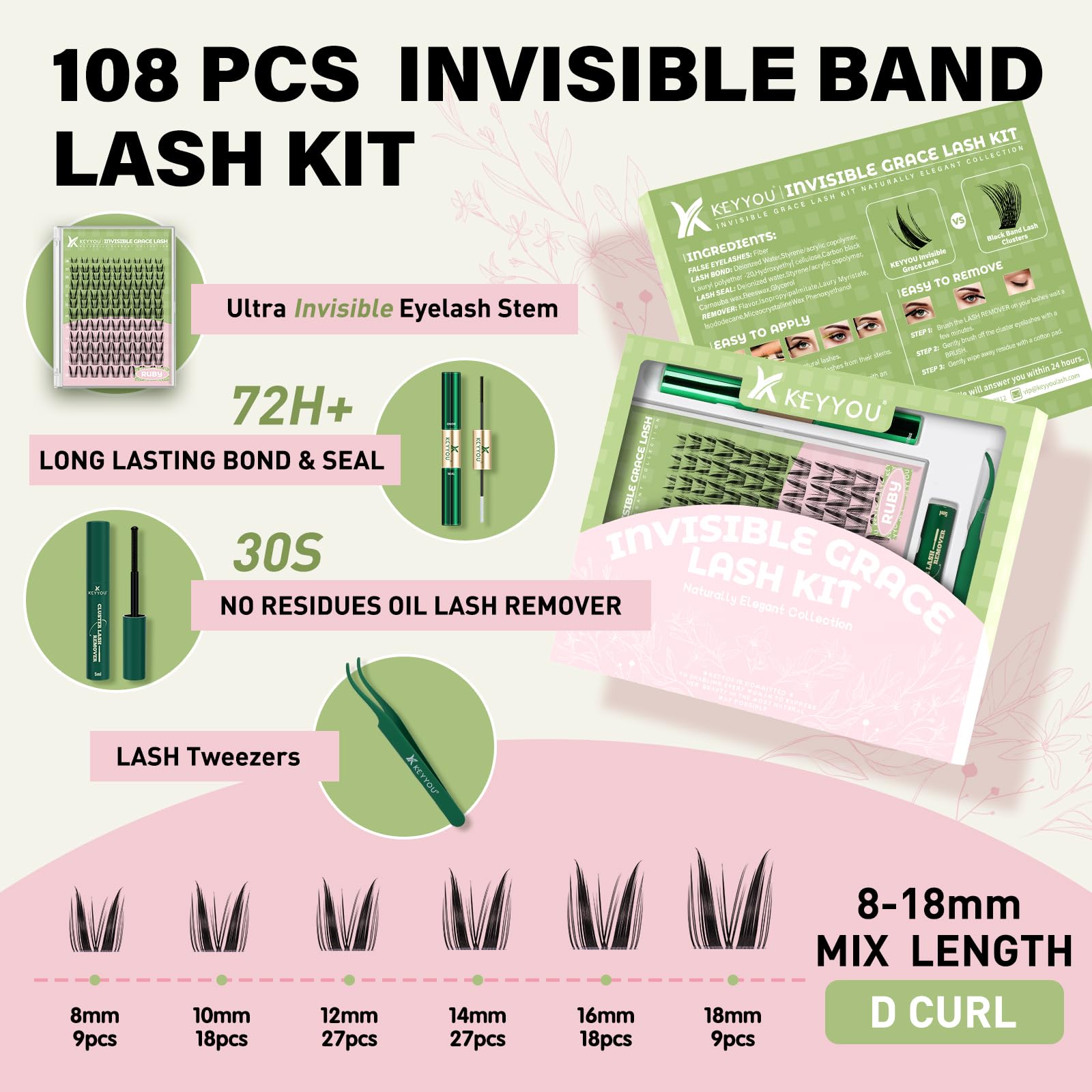 KEYYOU Bunny Lash Clusters Kit – Manga Lash Extension Kit, D Curl, 108Pcs, Waterproof DIY at Home
