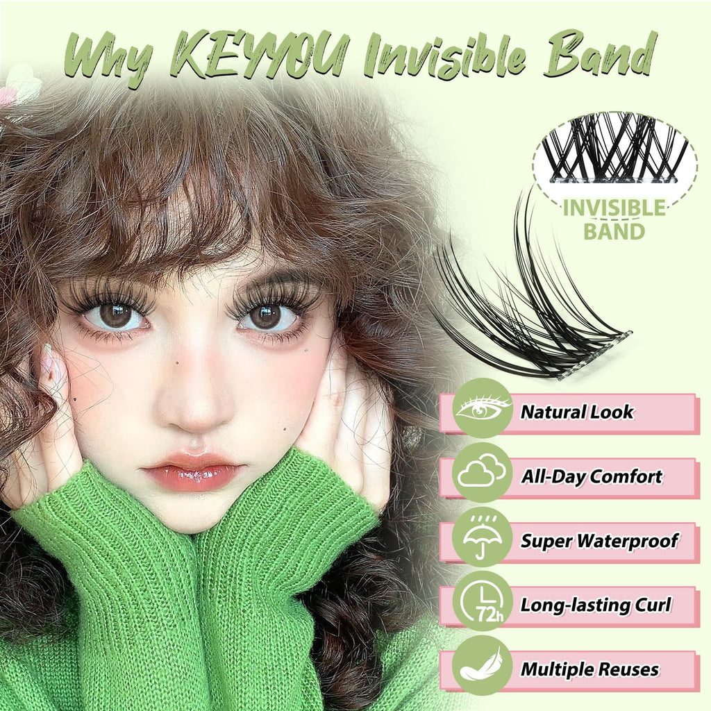 KEYYOU Fairy Angel Lash Clusters D Curl – 144 Pcs, Invisible Band, Waterproof DIY Lashes