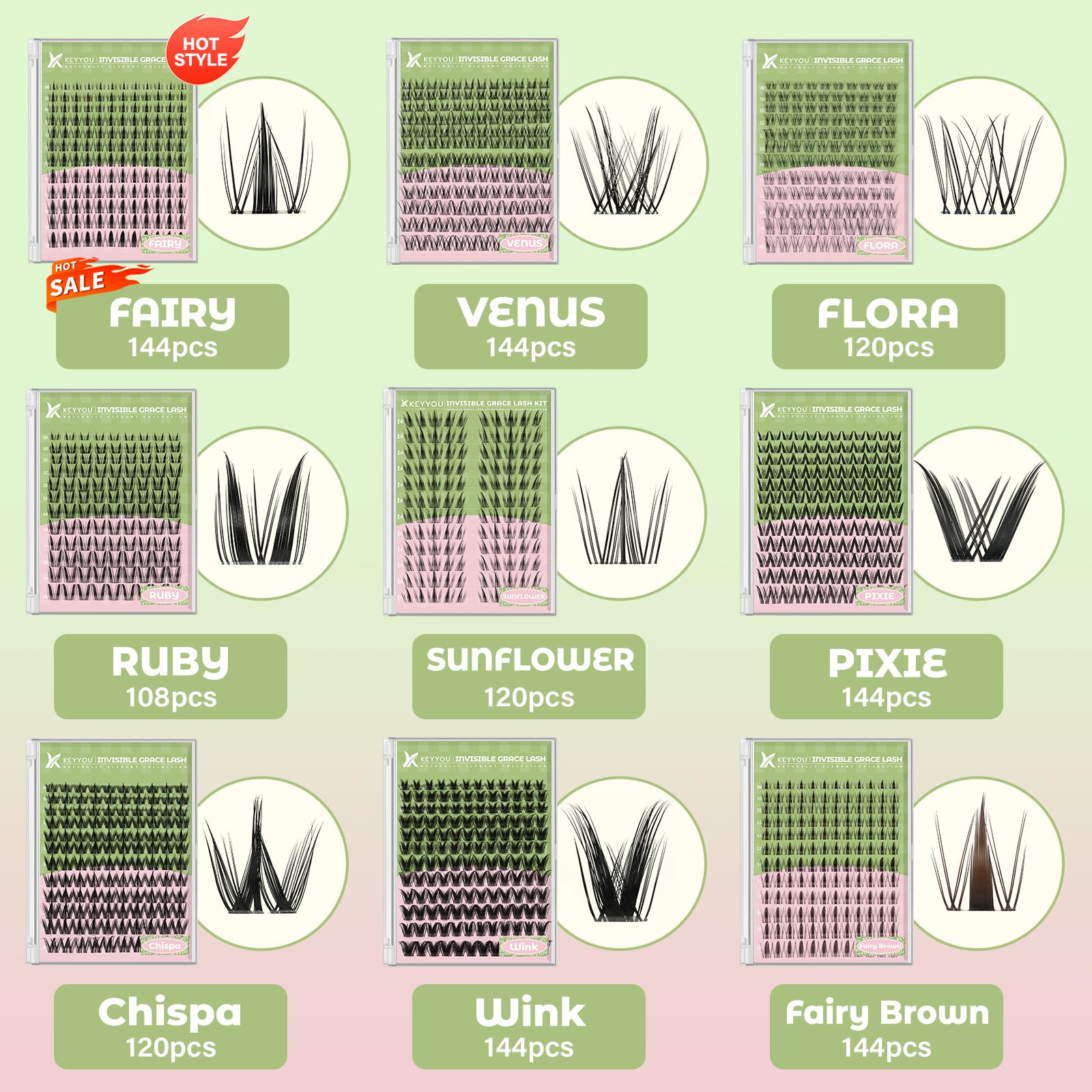 KEYYOU Fairy Chispa Lash Clusters Kit – D Curl 120Pcs Invisible Band Lashes for DIY Home Use