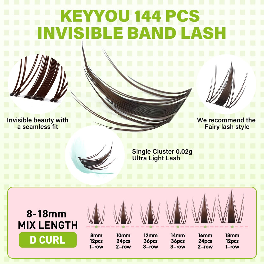 KEYYOU Fairy Brown Lash Clusters | D Curl 144Pcs | Waterproof DIY Lash Extensions at Home