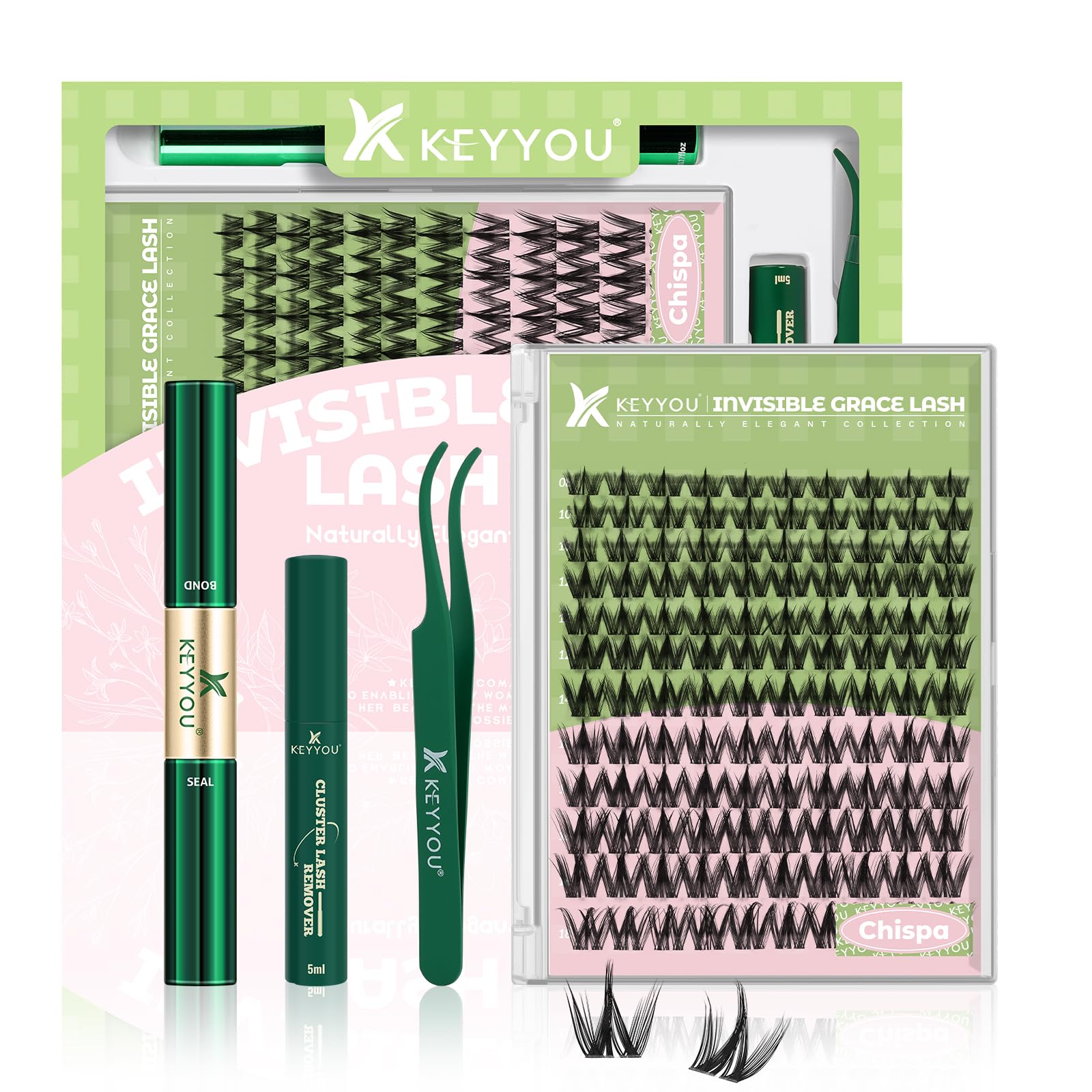 KEYYOU Fairy Chispa Lash Clusters Kit – D Curl 120Pcs Invisible Band Lashes for DIY Home Use