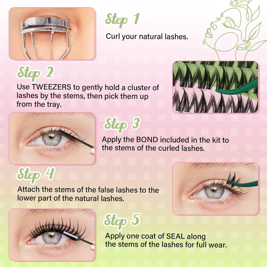 KEYYOU Fairy Chispa Lash Clusters Kit – D Curl 120Pcs Invisible Band Lashes for DIY Home Use