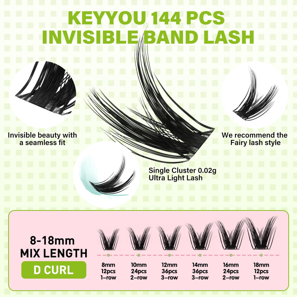 KEYYOU Fairy Wink Lash Clusters D Curl 144Pcs – Invisible Band, DIY at Home