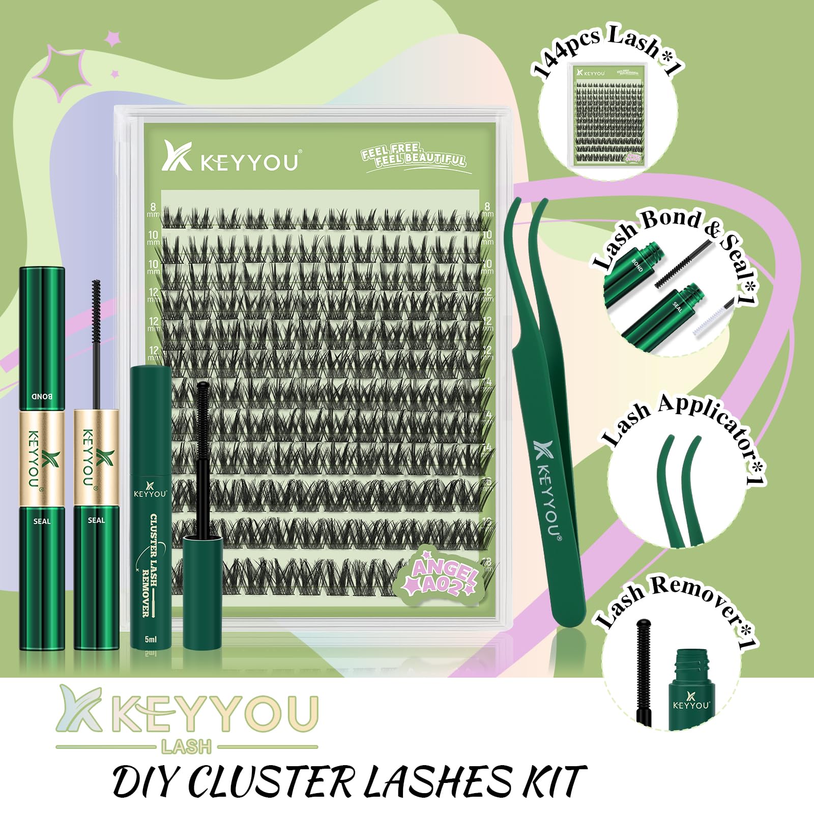KEYYOU LASH Extension Kit 144Pcs Angel Lash Clusters – DIY Home Kit with Glue, Sealer, Tweezers & Remover