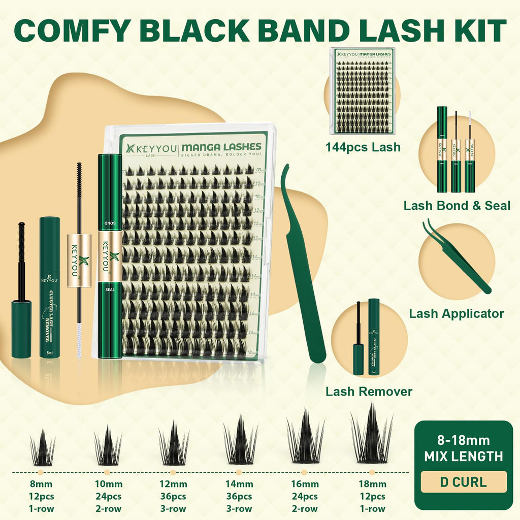 KEYYOU LASH Manga Lash Clusters Kit 8-18mm – 144pcs DIY Lash Extensions