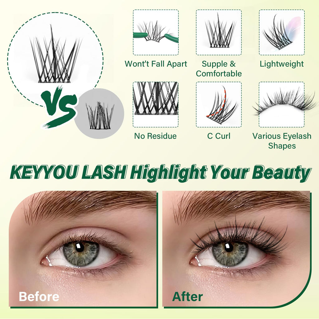 KEYYOU LASH Lash Clusters Kit F03 – Manga Lashes 8-18mm C Curl, 144pcs with Remover & Seal