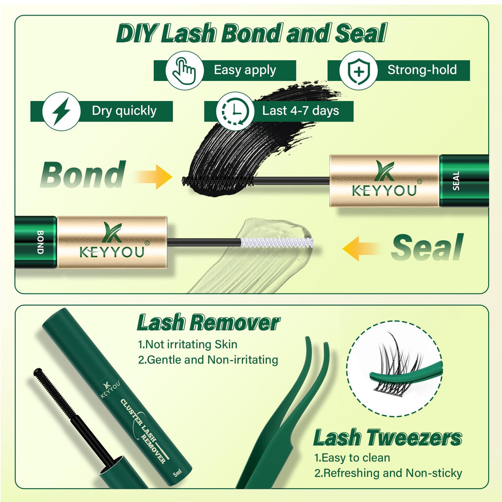 KEYYOU LASH Lash Clusters Kit F03 – Manga Lashes 8-18mm C Curl, 144pcs with Remover & Seal