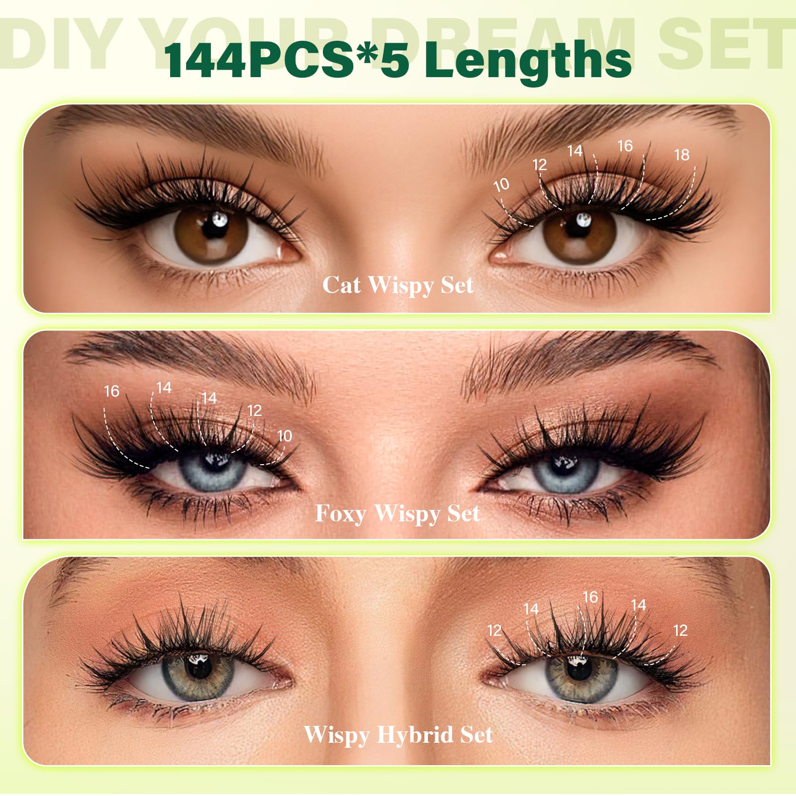 KEYYOU LASH Lash Clusters Kit F03 – Manga Lashes 8-18mm C Curl, 144pcs with Remover & Seal